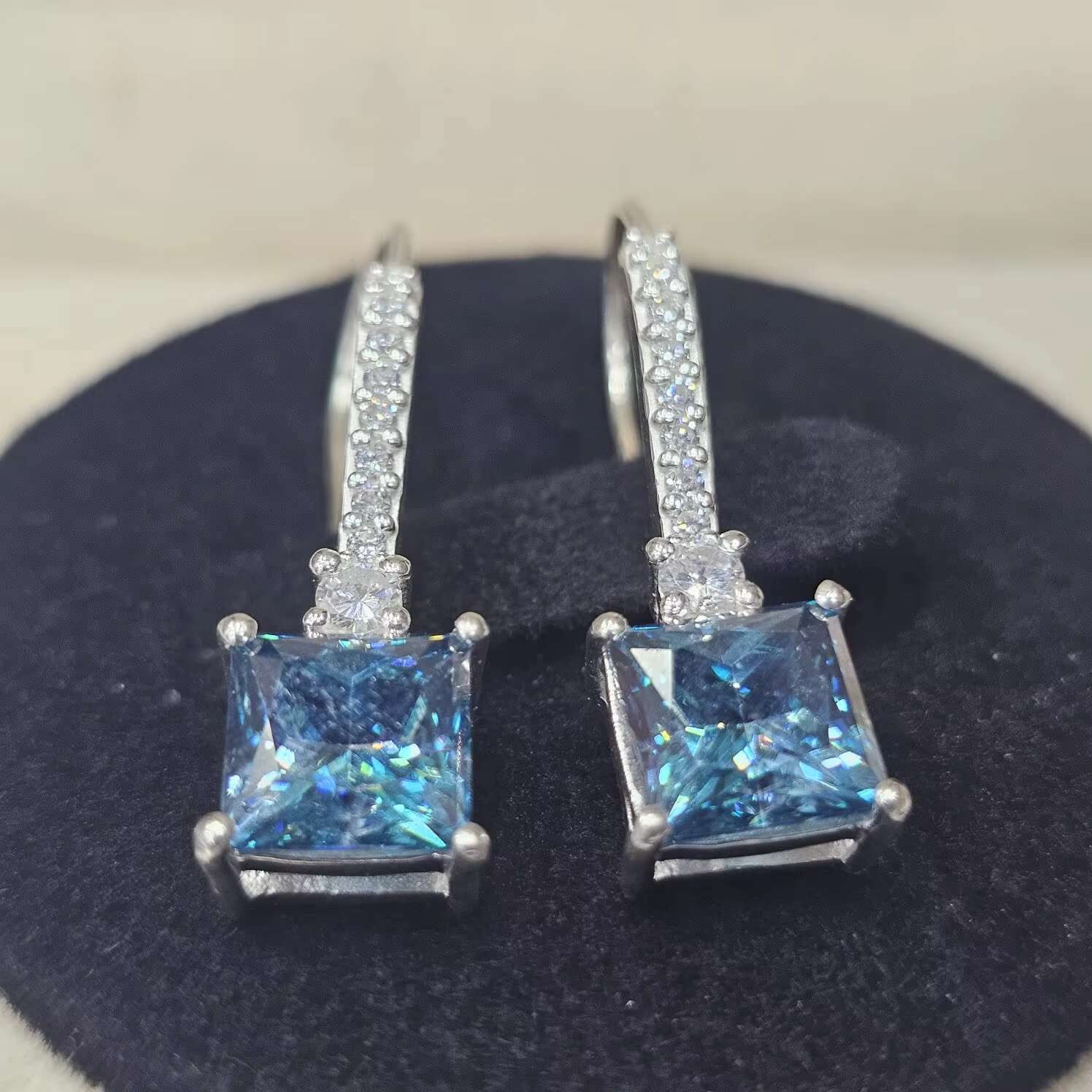 Moissanite Original Fine Earrings 925 Sterling Silver Excellent Quality Latest Trendy Square Cut Blue Coated Moissanite Gemstone