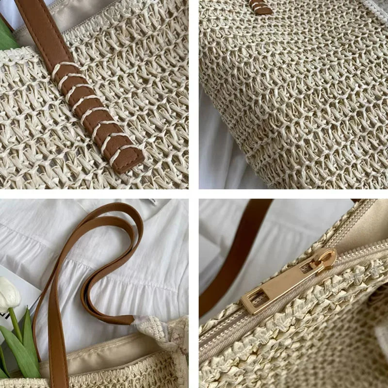 Summer Beach Bag Large Capacity Tote Shoulder Bag Women Handmade Woven Straw Rattan Reusable Eco-Friendly Bohemian Stylish Grass 250530