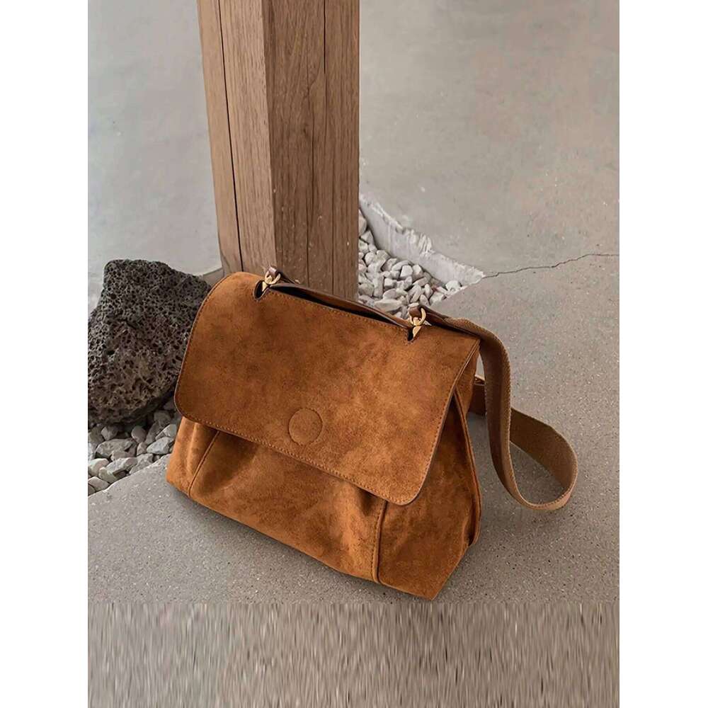 Retro Brown Veet Crossbody Bag, Large-Capacity Suede Soft Messenger Shoulder Women's Bag