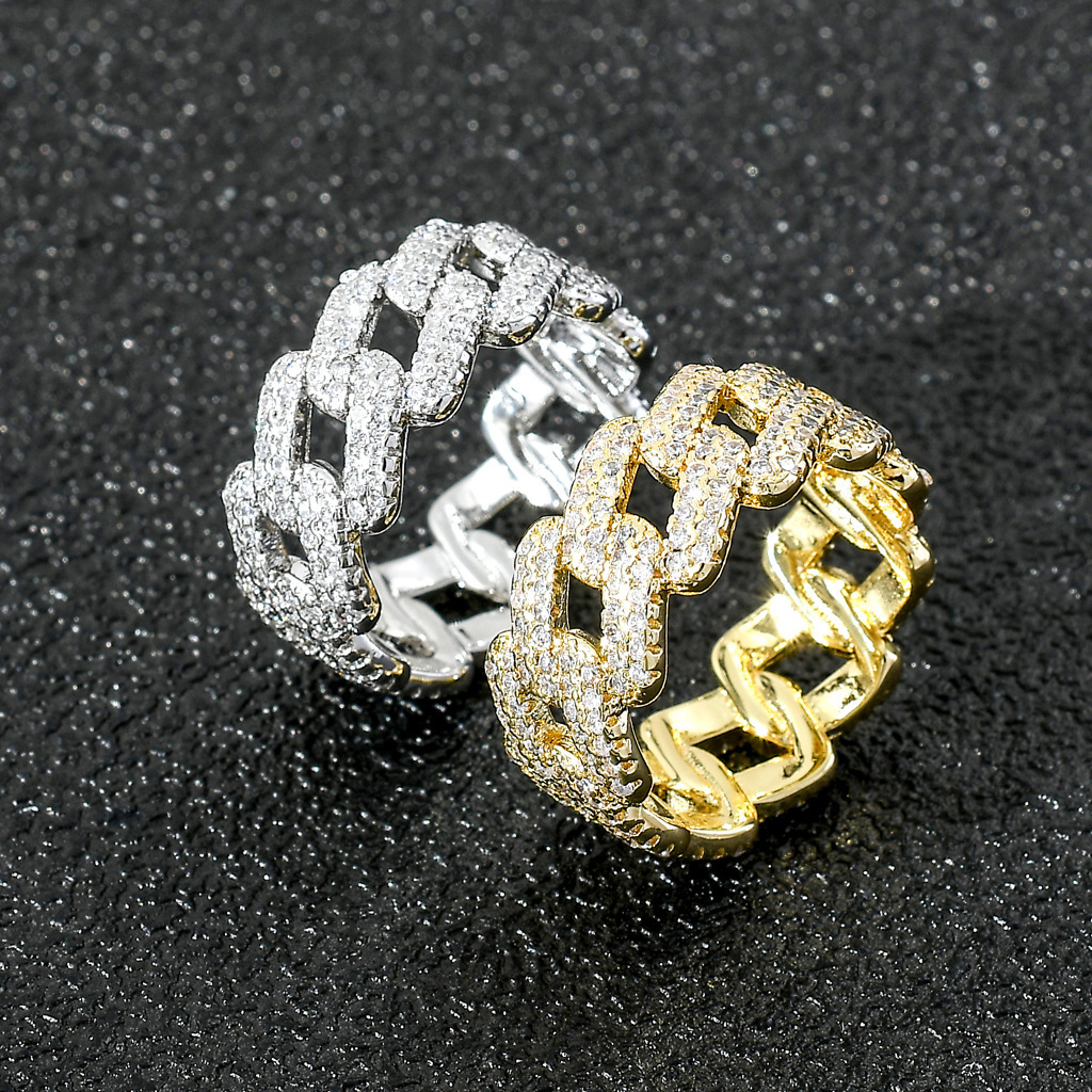 Hip Hop Ring Moissanite Cuban Chain Ring Copper Micro Set Moissanite Hip Hop Ring Personalized Fashion Mens Ring moissanite