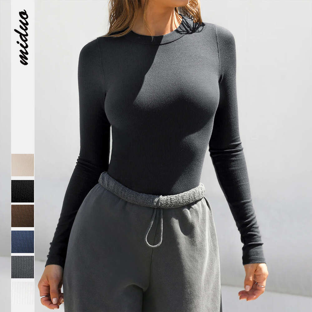 2025 New Y2K Clothing Ribbed Crew Neck Long Sleeve T-Shirt for Women Base Layer Outerwear Slim Fit Off-Shoulder Hot Girl Top Pure Desire 1062