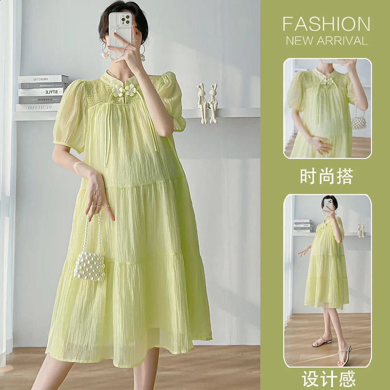 Korean Style Loose Maternity Chinese Cheongsam Puff Sleeve Sweeet Pregnant Women Chiffon Dress Pregnancy Soft and Light Clothes 250530