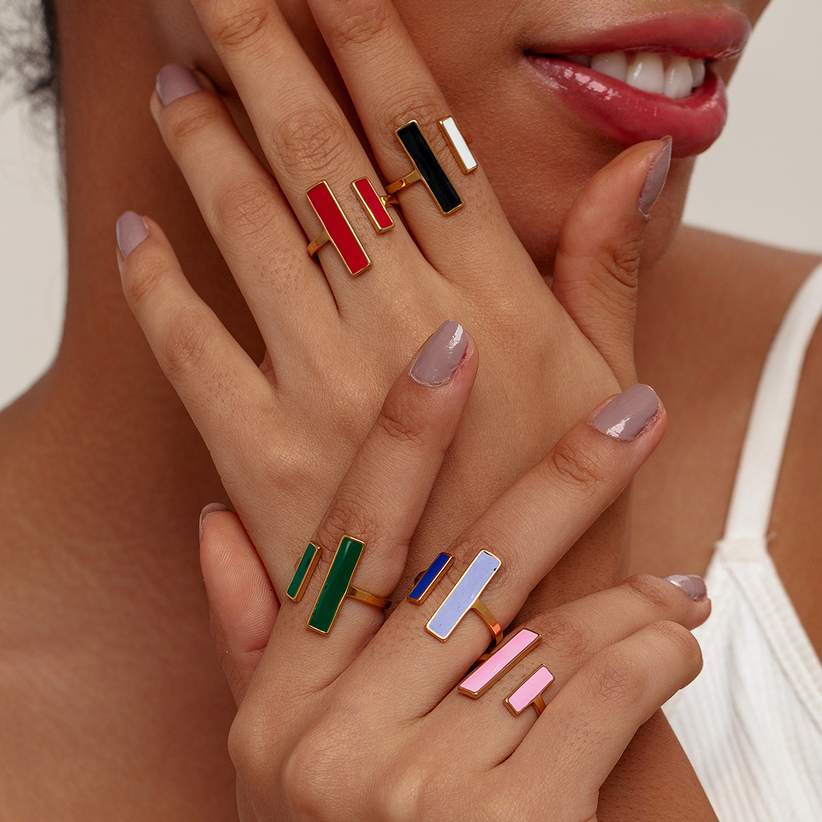 High-End Oil Drip Double Vertical Opening Ring Fashion Women's Color-Blocking Non-Fading Hand Jewelry