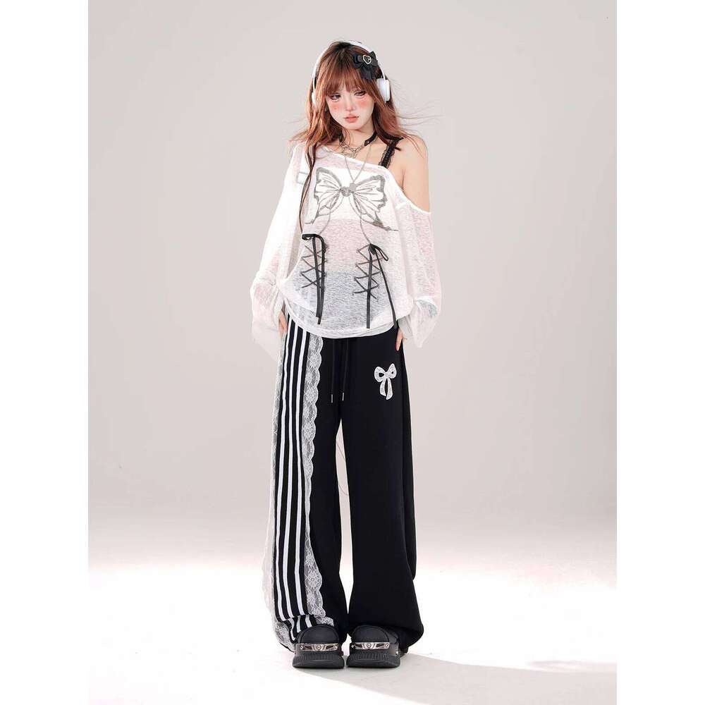 High Quality Hot Selling Wholesale Loose Lace Casual Women Wide Straight Leg Striped Drawstring Pants Streetwear