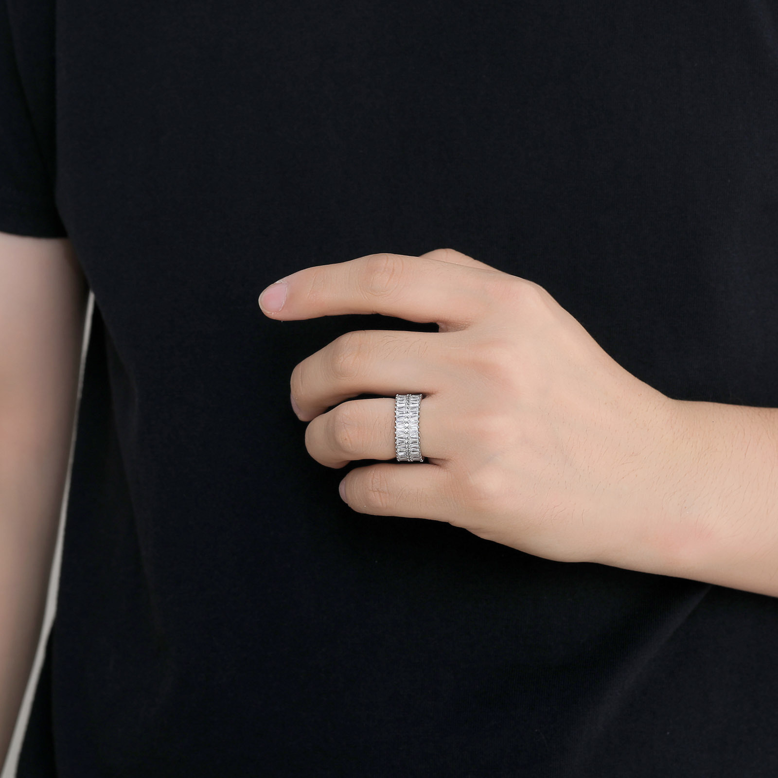 Hip hop mens and womens double row T-shaped Moissanite open ring niche fashion hip-hop personality ring simple accessories moissanite
