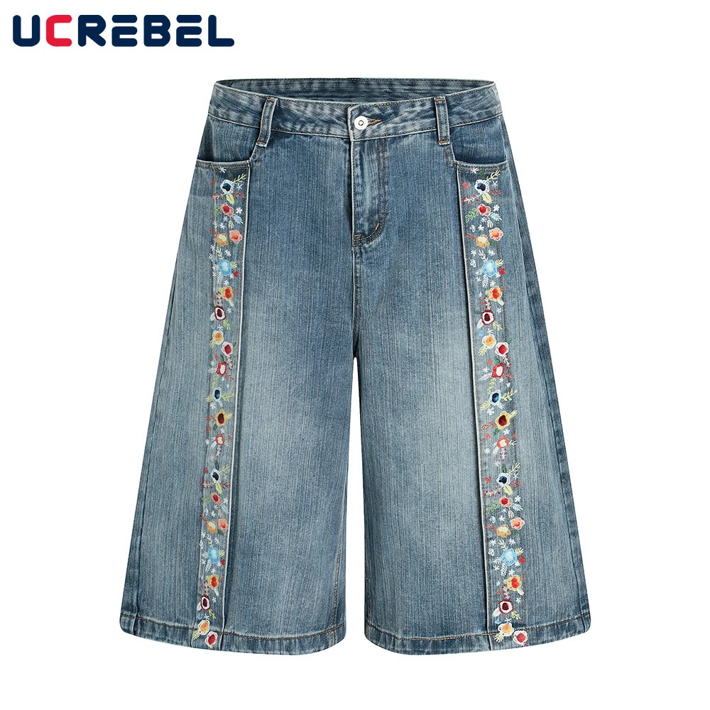 Flower Print Spliced Denim Shorts Mens Retro High Street Washed Distressed Loose Wide Leg Pocket Jeans Cropped Trousers Men 250528