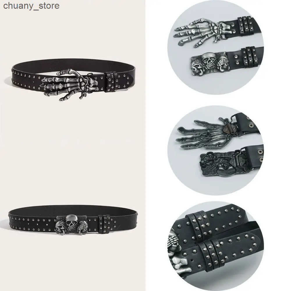 Punk Skull Belt Harajuku Gothic Leather Y2K Rivet Belts Skeleton Hand Adjustable Decoration Belt Men Girls Leather Belt Unisex z250602