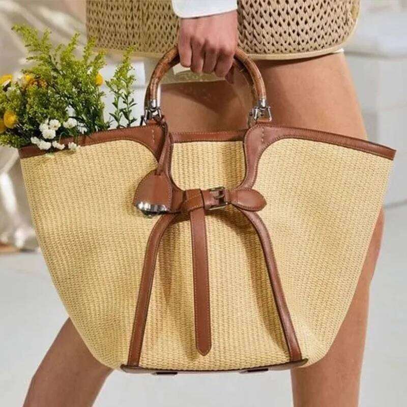 Spring/Summer New Canvas Grass Woven Bamboo Handle Vegetable Basket Women's Butterfly Knot Handbag Beach Bag