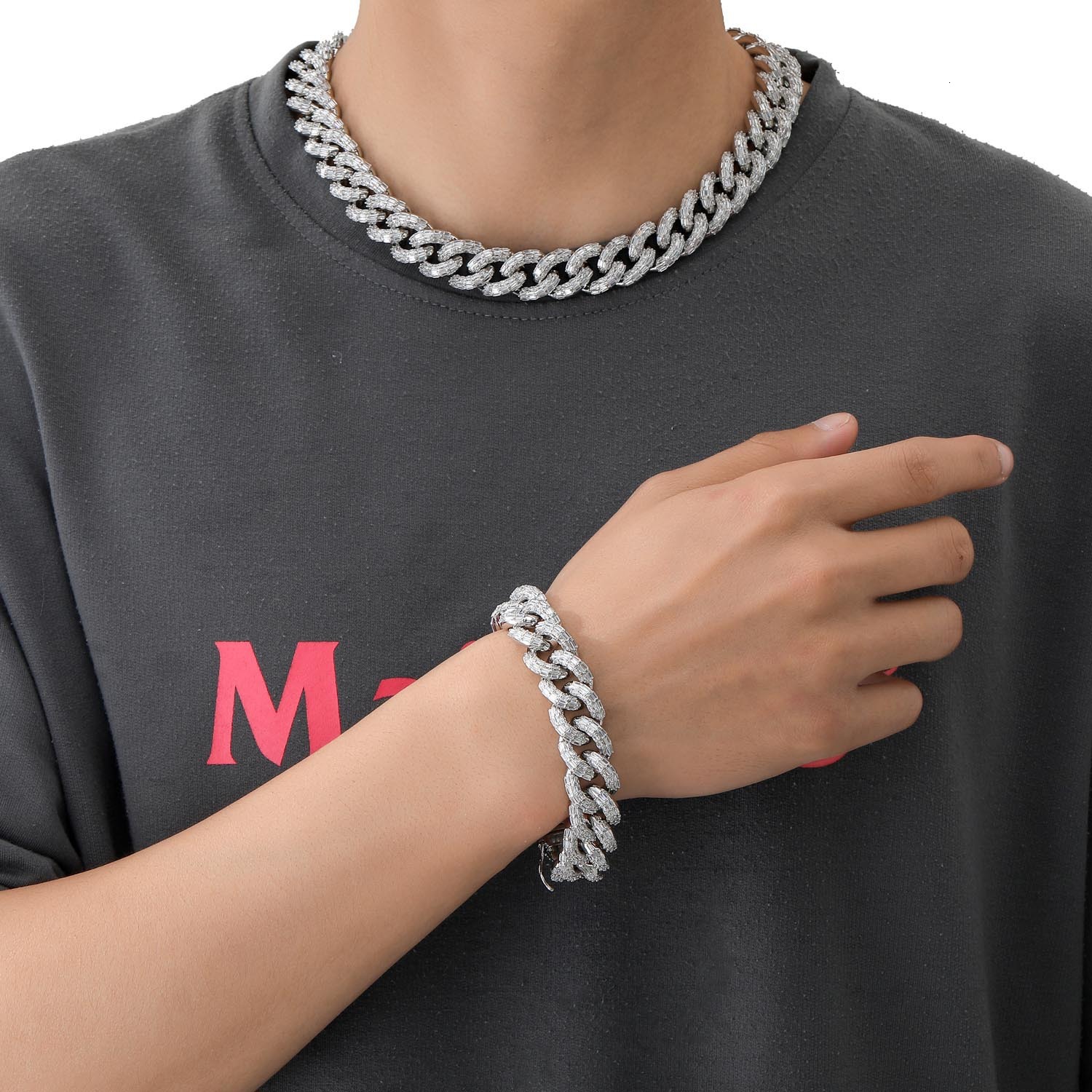 Simple hip hop ins Bracelet mens 16mm square Moissaniteium CUBAN CHAIN T square Moissaniteium Bracelet punk style hip hop Necklace moissanite