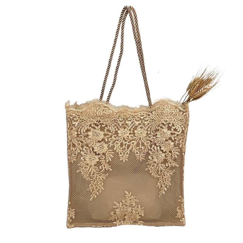 designer 2025 Embroidered Hollow Matte Silk Hot-Selling Straw Woven Handbag Travel Vacation Beach Bag Lace Bag