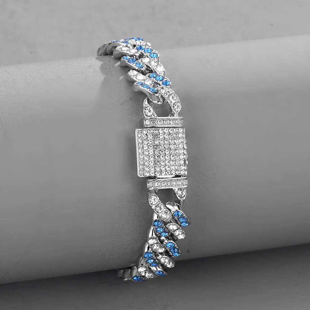 11MM Rhombus Prong Cuban Link Chain 1Row Iced Out Sapphire Rhinestones Rapper Necklaces Bracelet For Men Women Choker Jewelry