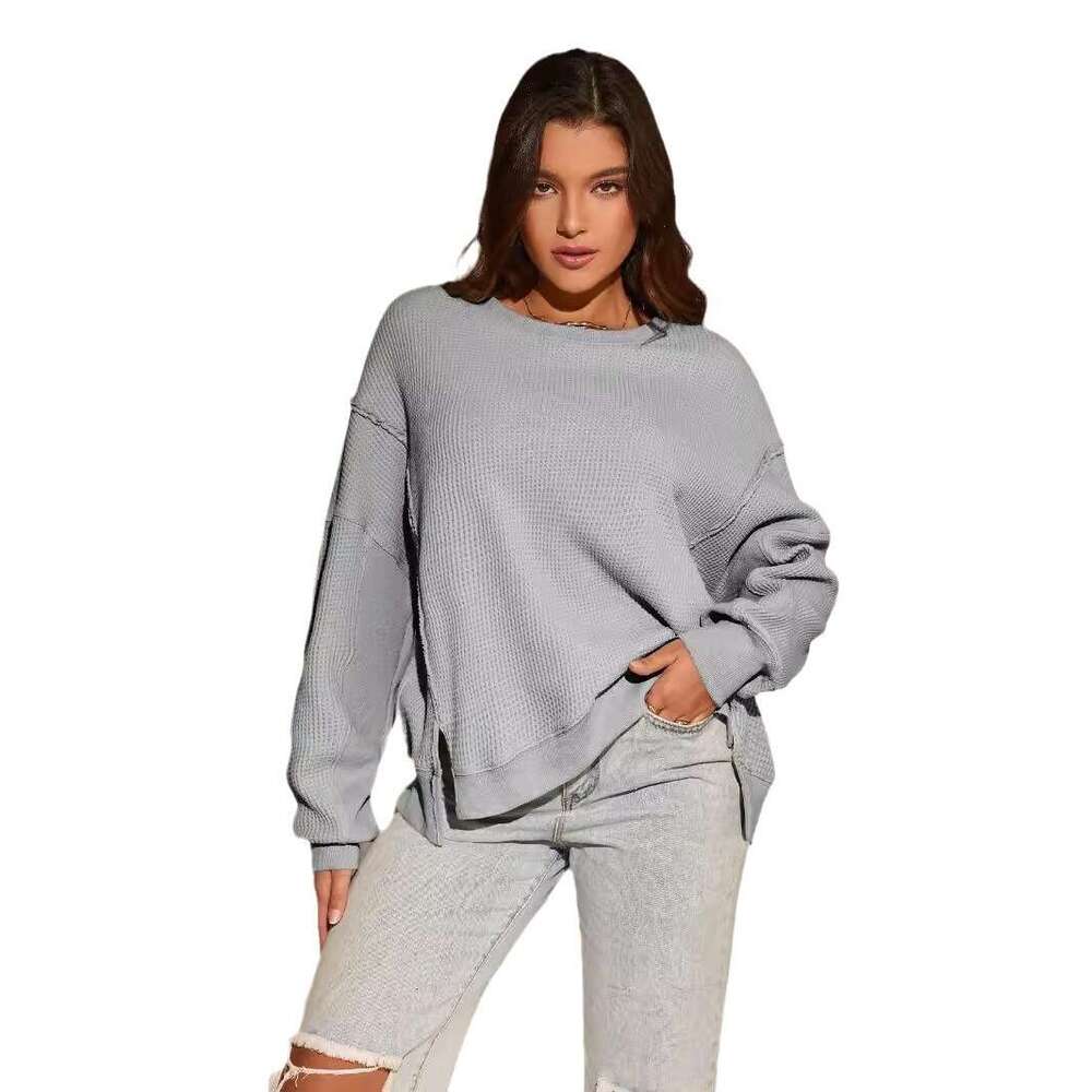 Fashion Women's Round Neck Split Solid Color Loose Casual Long Sleeve Pullover Lazy Sweatshirt