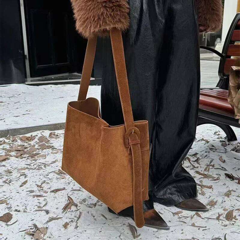 Large Capacity Suede Frosted Leather Tote Long Strap Square Commuter Shoulder Women's Bag Autumn New Fashion