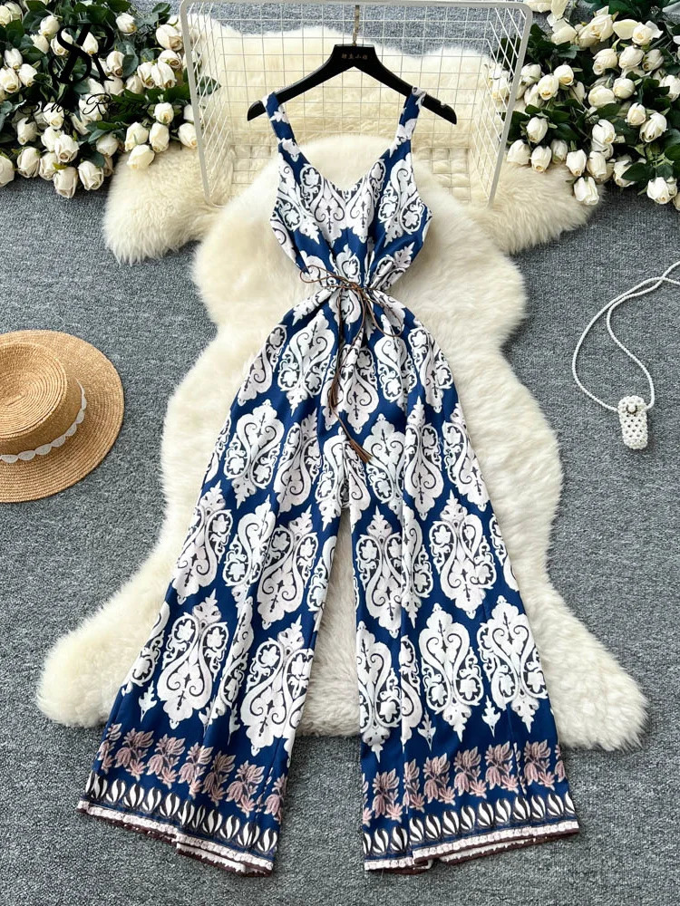 SINGREINY Senior Vintage Long Jumpsuits Female Strap Sleeveless Lace Up Skinny Backless Chic Summer Retro Beach Print Rompers 250530