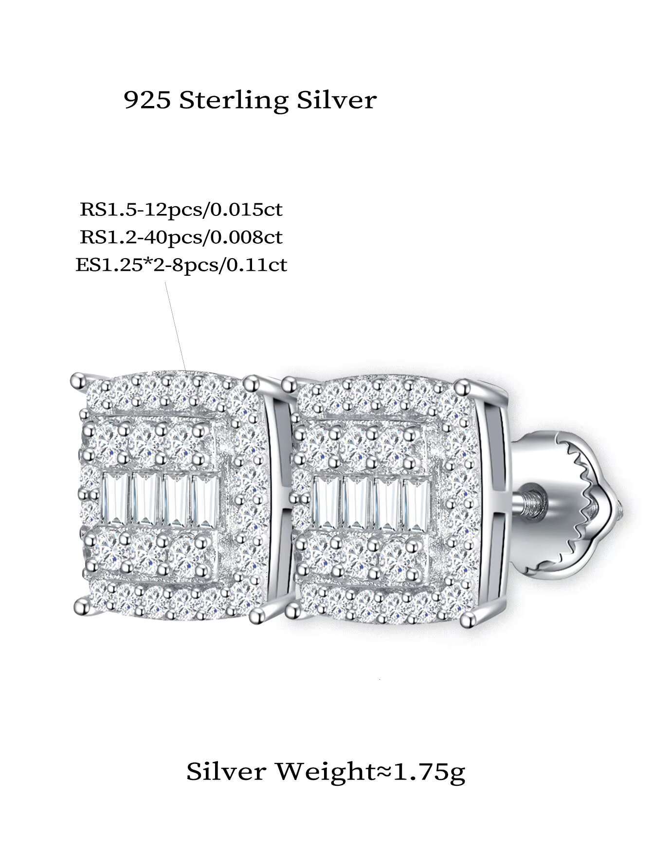 New Fashion Emerald Cut Moissanite Stone Stud Earrings for Men High Quality 925 Silver for Anniversaries