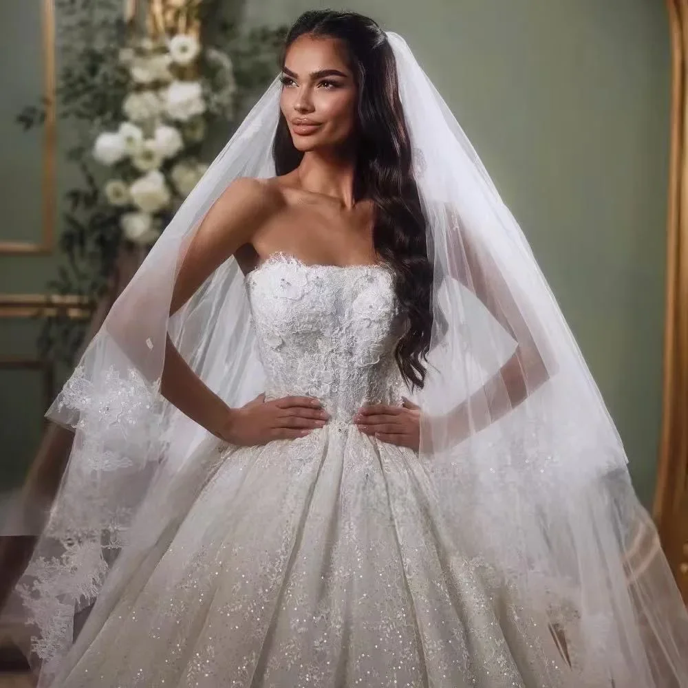 Illusion Ball Gown Wedding Dress Strapless Sleeveless Bridal Gowns Lace Appliques Court Train Dresses Customized vestidos de novia