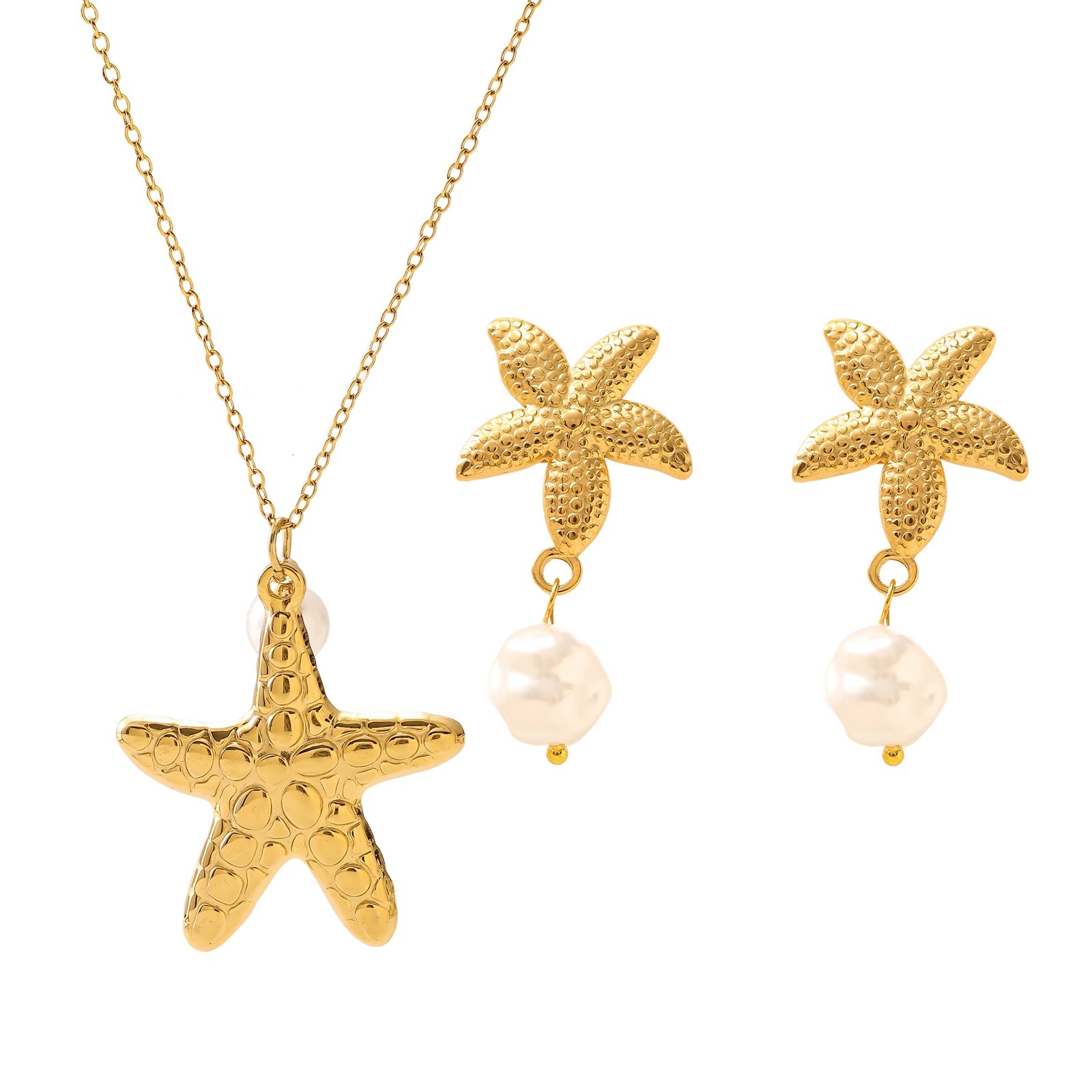 New Fashion Light Simple Commuter Inlaid Pearl Shell Shape Versatile Metal Earrings Necklace