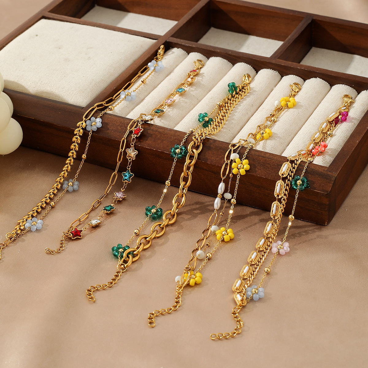 Titanium Two-Layer Stacked Colorful Crushed Stone Gold-Plated Stainless Steel Bracelet