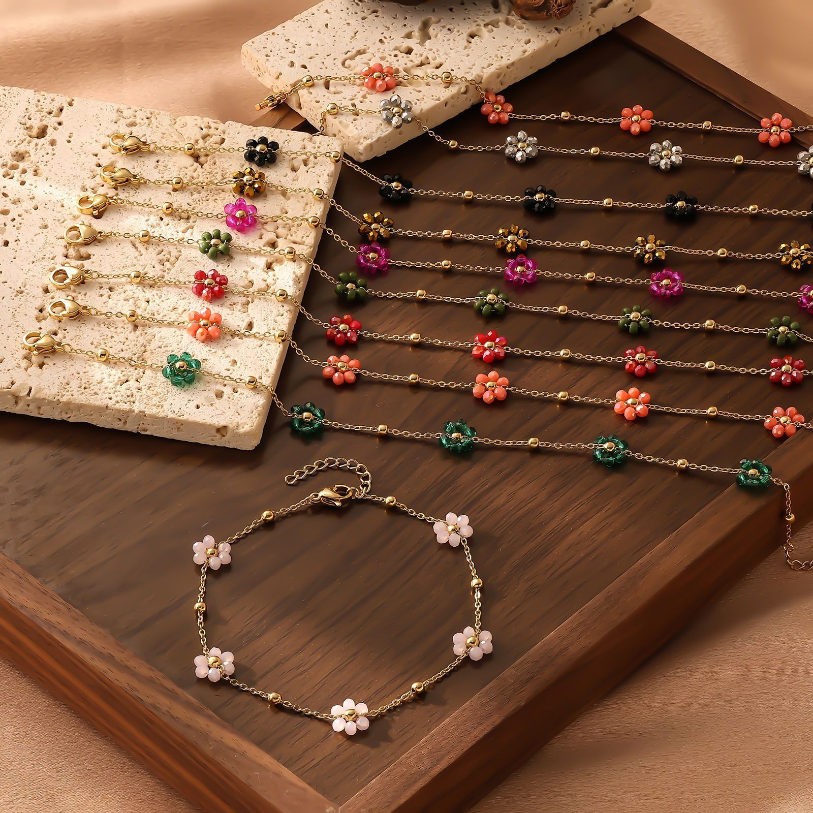 Fresh Crystal Round Bead Small Flower Necklace Bracelet Sweet Women's