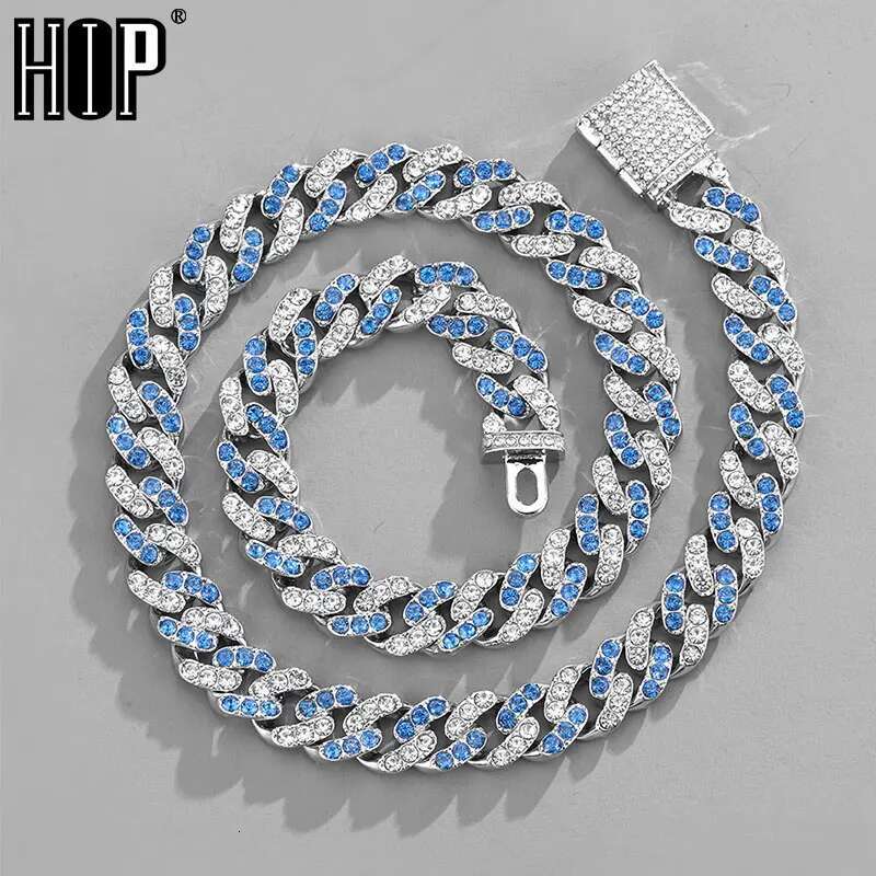 11MM Rhombus Prong Cuban Link Chain 1Row Iced Out Sapphire Rhinestones Rapper Necklaces Bracelet For Men Women Choker Jewelry