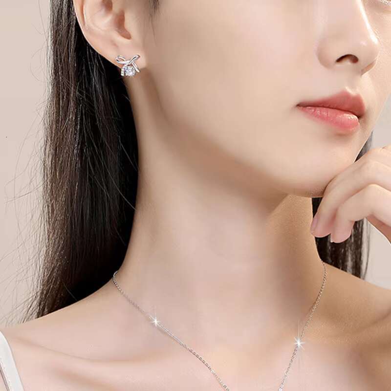 Mosang Womens S925 Sterling Silver Bow Earrings Light Luxury All-Match Korean Style Factory Direct Supply Moissanite Jewelry