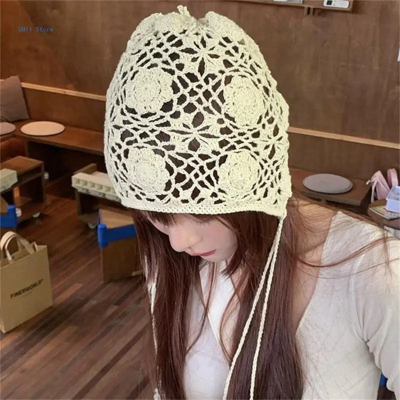 Fashion Beanie Hat for Women Girl Crochets Flower Knitted Hat Ethnic Style Cap Girl Bonnet Y2K Sweet Hat Adult Headdress 250530