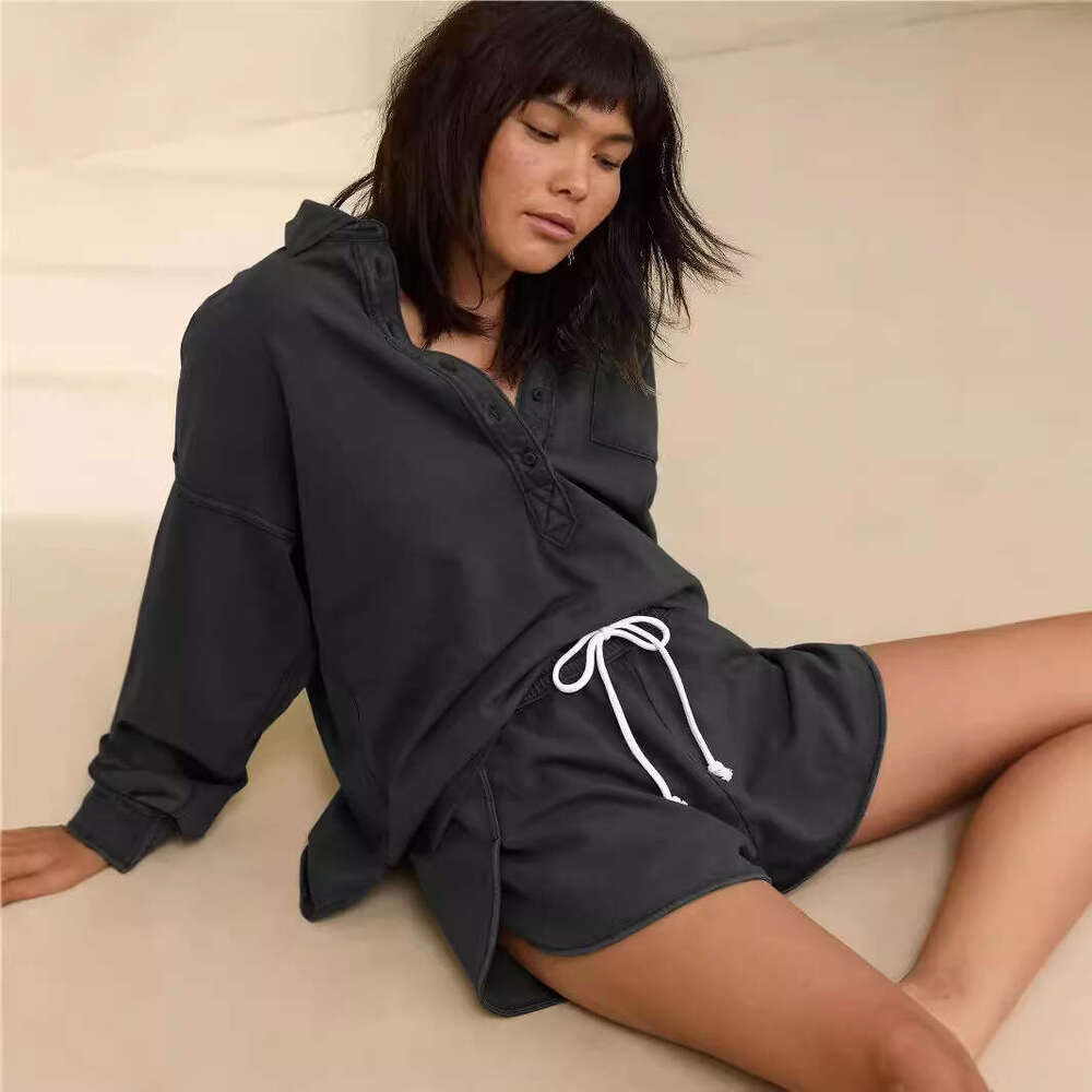 New Fashion Versatile Women's Loose Polo Collar Button Casual Long Sleeve Design Split Sweatshirt