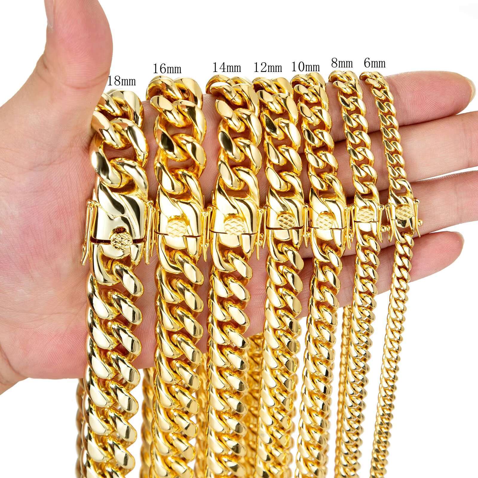 Mens Stainless Steel 18K Gold Filled Cuban Chain Necklace New Design with Safe Lock Hip Hop Style Silver Link Chain