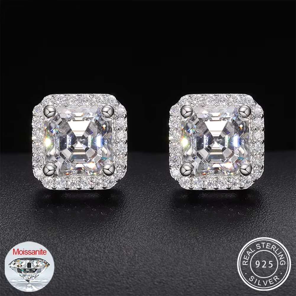 D VVS1 Ascher Cut Moissanite Square Stud Earrings 925 Sterling Silver High Quality For Women