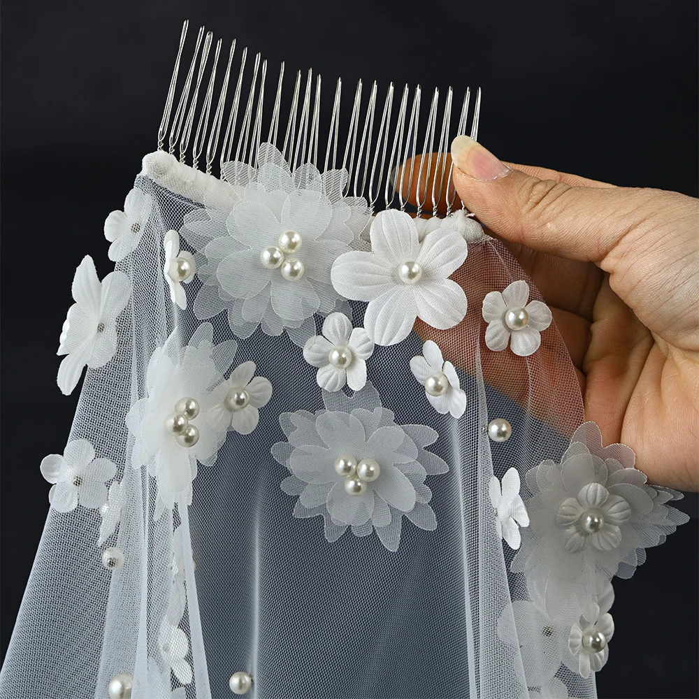 Bridal Veil with Flowers Short Pearls Wedding Veil 1 Tier Elegant Wedding Accessories for Bride Floral French Lace Trim VP67 250530