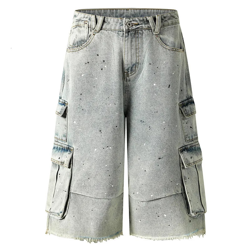 Mens Loose Fit Vibe Style Hip Hop Short Jeans High Streetwear Painted Cargo Denim Shorts With Multi Pockets Printed Jeans 250530