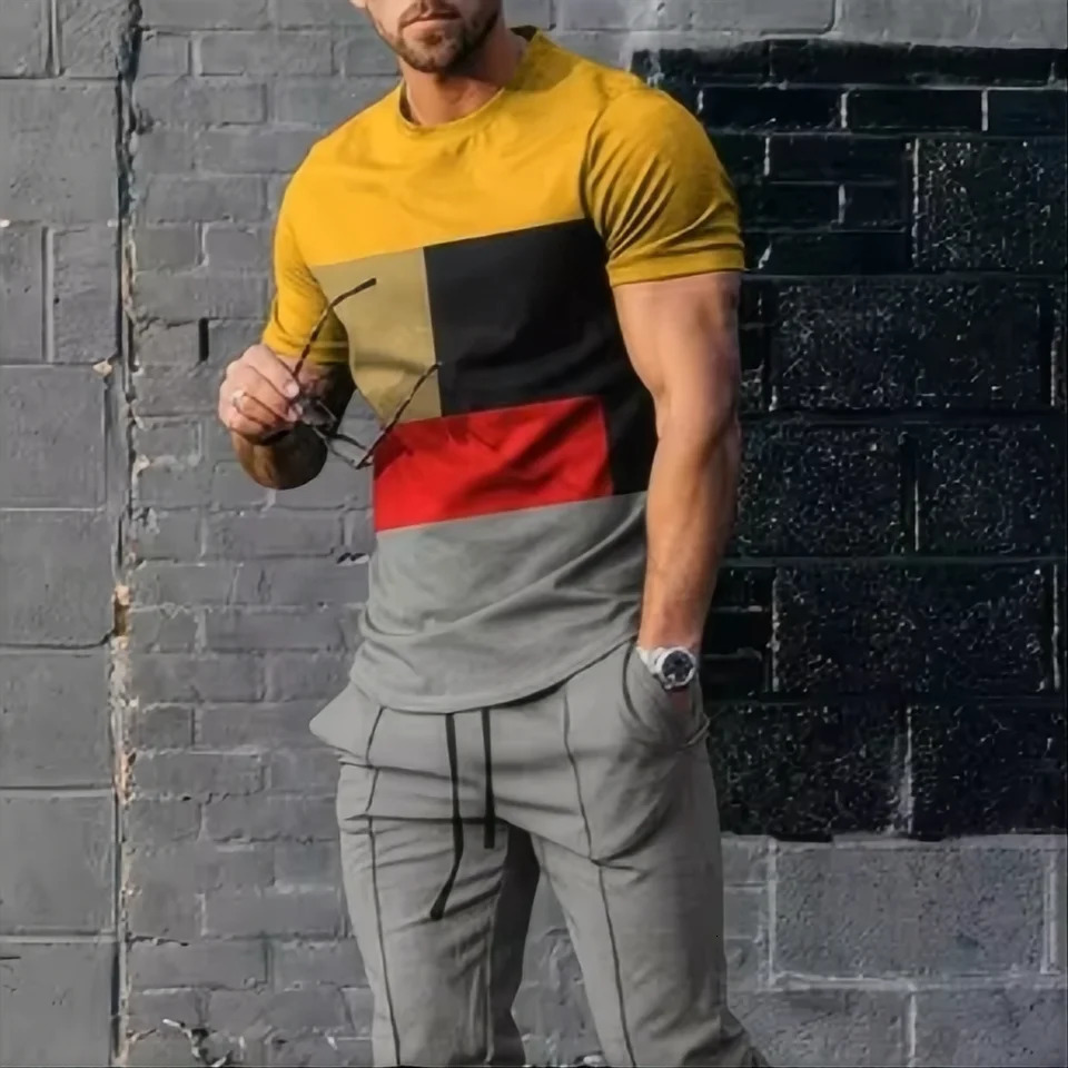 Summer mens Tshirt pants sportswear geometric 3D printed set 2piece street wear oversized suit 250530