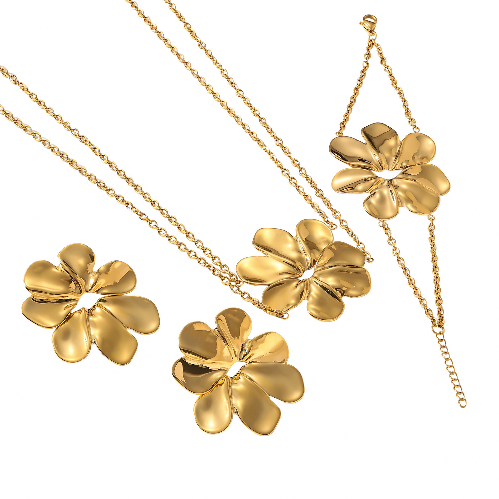 Personality Double Layer Five Petal Flower Simple Striped Leaf Tassel Earrings