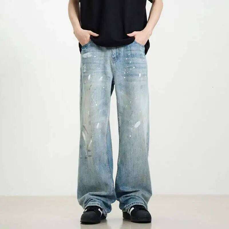 IEFB American Style Men's Denim Pants Splashed Ink Washed Jeans Contrast Color Straight Wide Leg Casual Male Trousers New 9W669