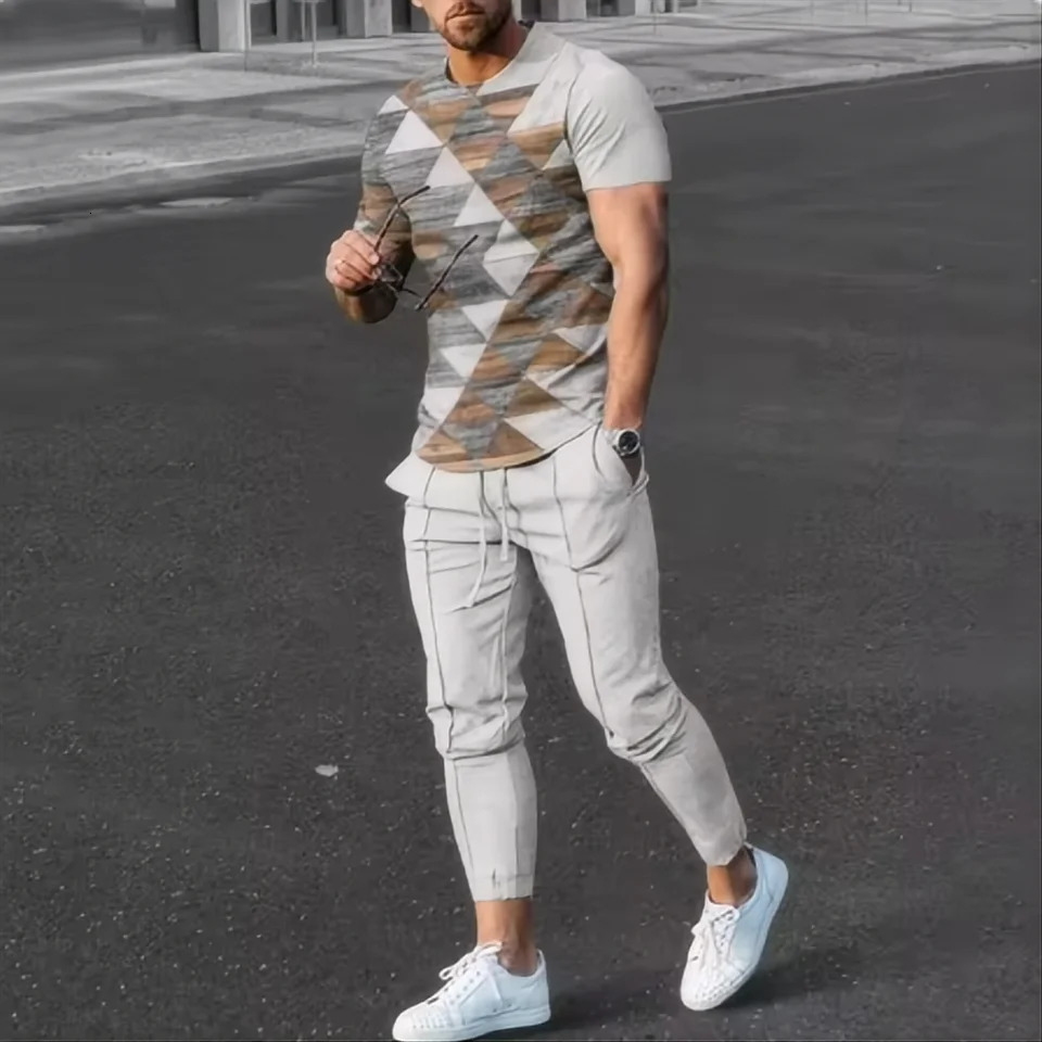 Summer mens Tshirt pants sportswear geometric 3D printed set 2piece street wear oversized suit 250530