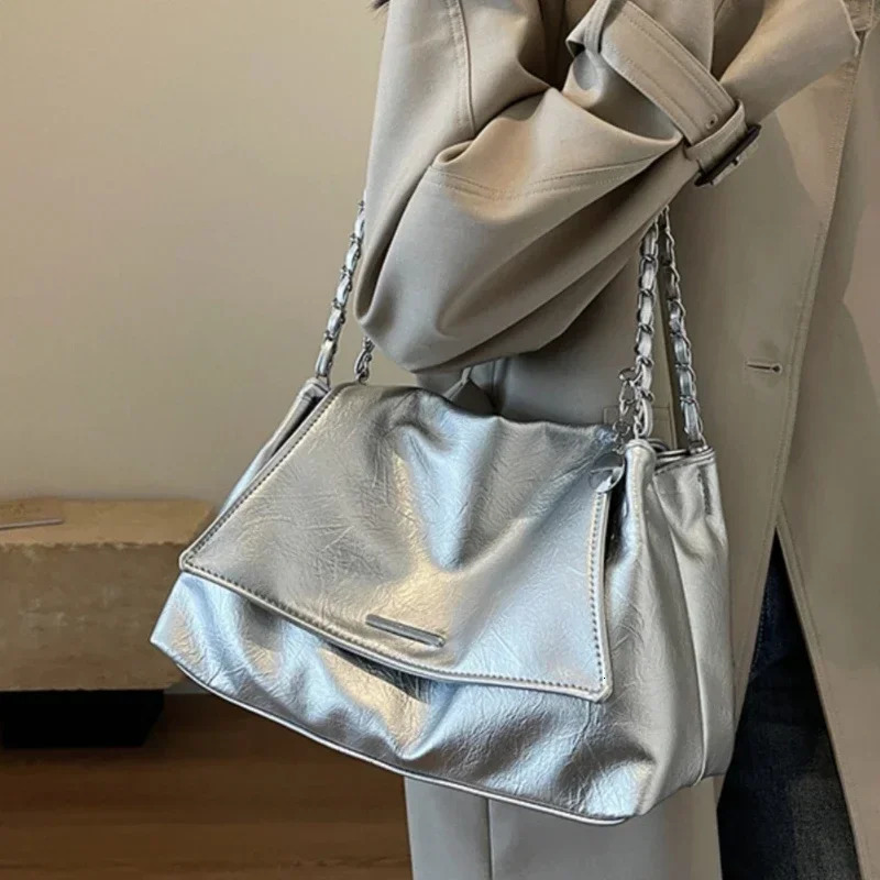 Casual Soft Surface Large Capacity Bag Women All-Match Chain Messenger Bag Silver Shoulder Bag Handbag 250530