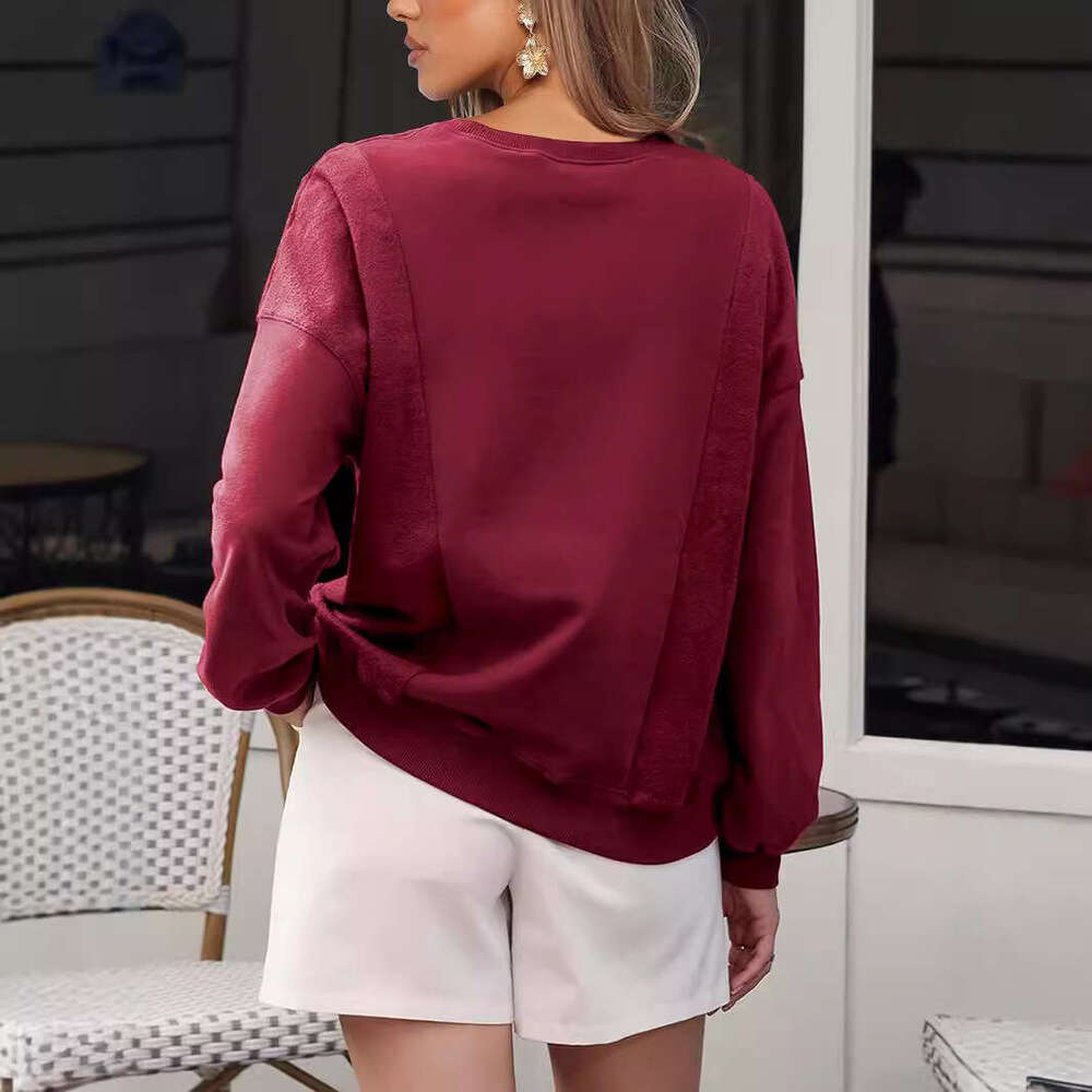 Decorative Line Solid Color Round Neck Loose Trendy Sweatshirt Pullover for Women in Autumn and Winter