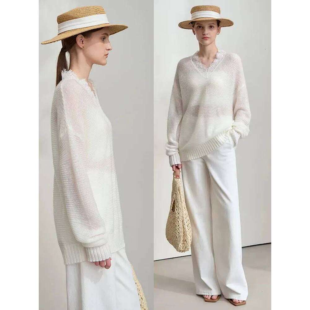 AMII Minimalism Knit Sweater Women 2025 Spring New Lace Solid Slim V-Neck Mohair Mid Length Loose Pullover Knitted Tops 12551043
