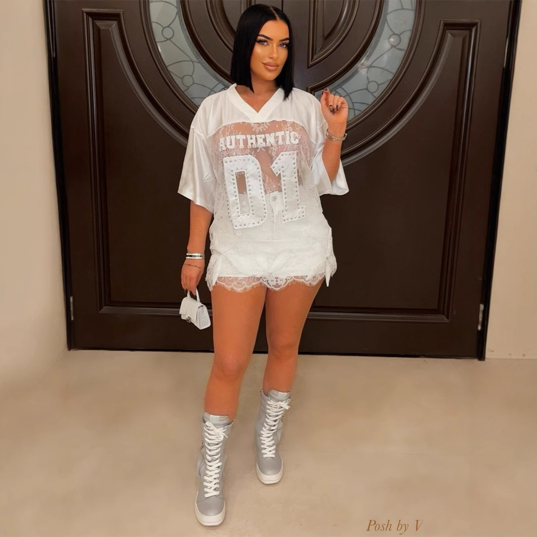 Designer T Shirt New Cross Border European And American Printed Loose Casual Street See Through Sexy Lace Patchwork T Shirt Short Sleeve Top Essential