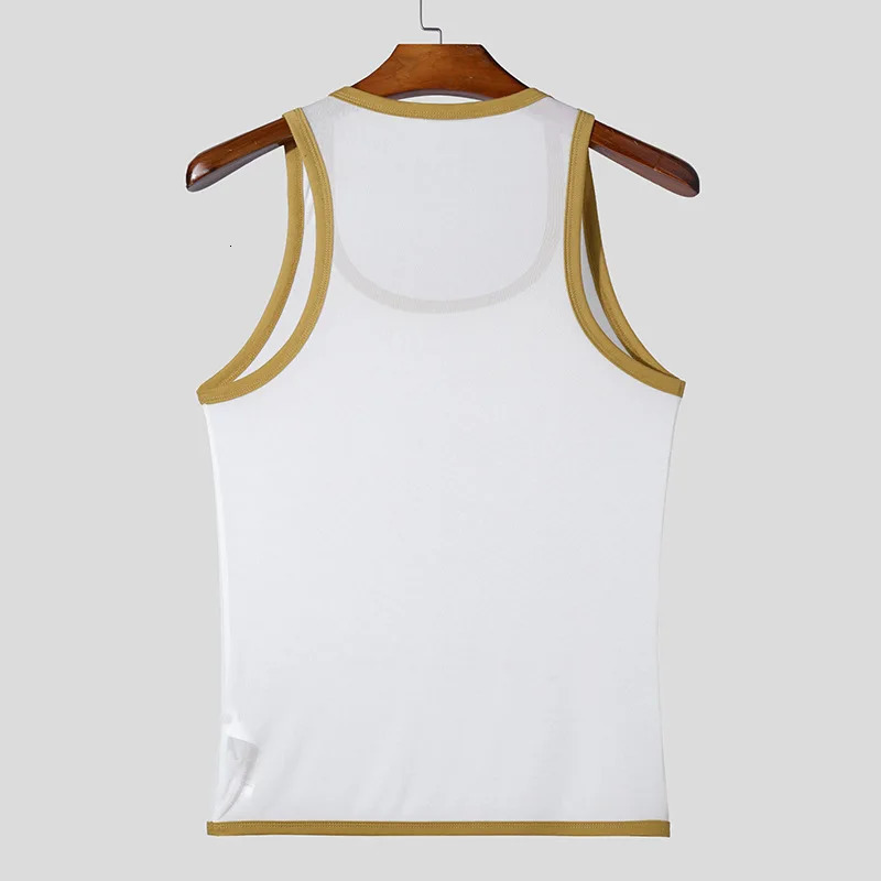 Men Mesh Tank Tops Summer 2025 Clubwear Casual Vest U Neck Sleeveless Contrast Color Fishnet Tshirt Comfortable Chic Tees 250527