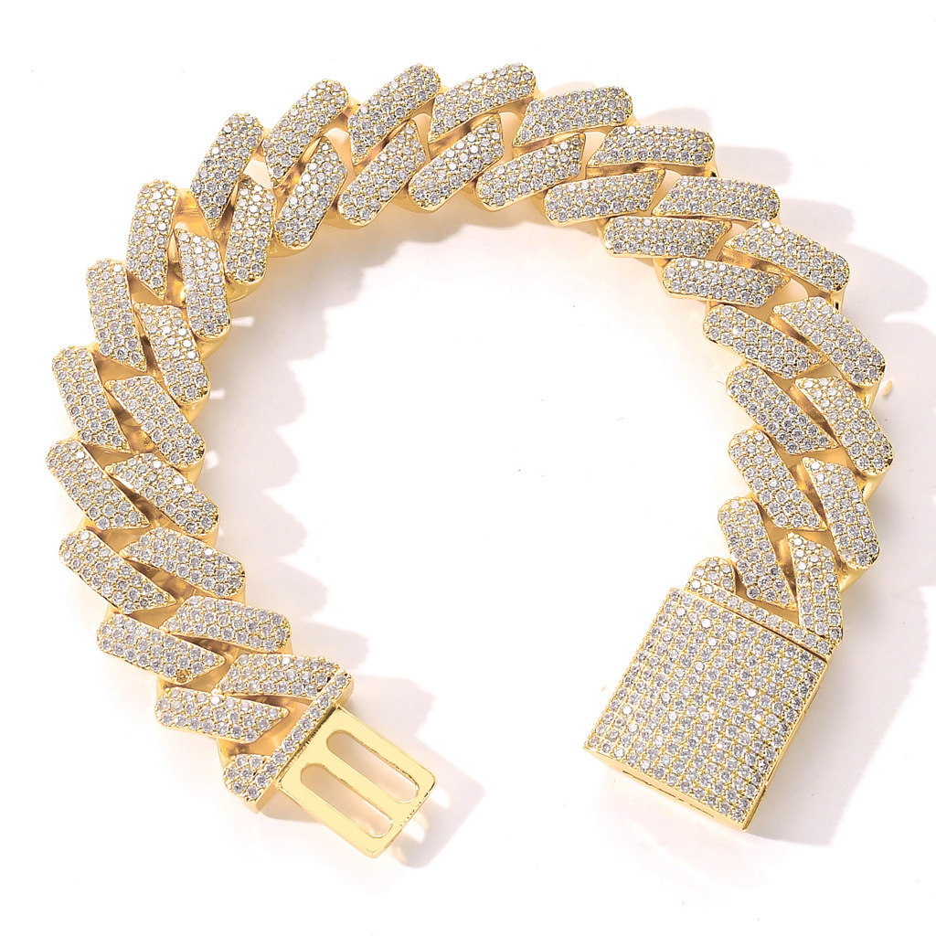 Bracelet hip hop genuine gold plated 20mm solid CUBAN CHAIN full of Moissanite big box buckle mens Bracelet moissanite