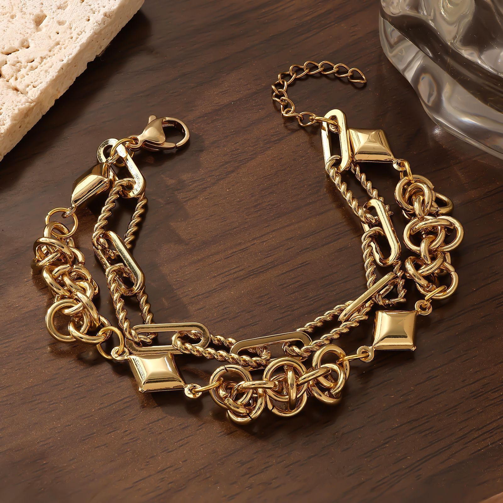 Jewelry Stainless Steel Gold-Plated Rough Knotted Hip-Hop Style Bracelet for Women