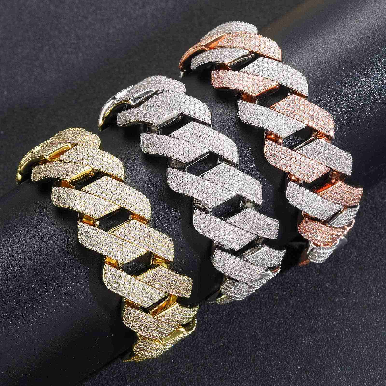 Hip Hop Bracelet 22mm Four Row Moissanite Diamond Cuban Chain Pink and White Moissanite Personalized Mens Spring Buckle Bracelet moissanite