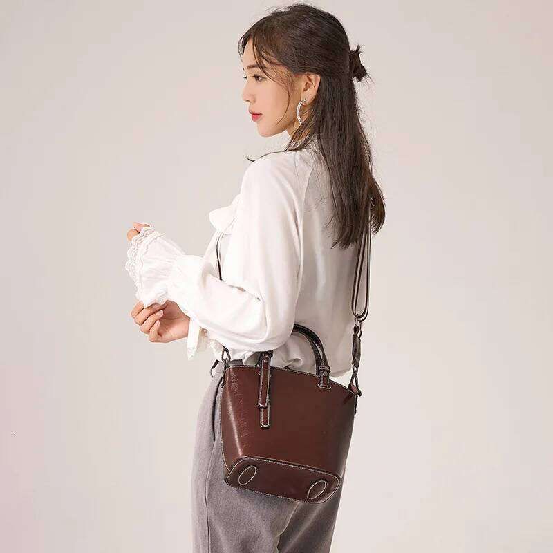 Genuine Leather Women's Bucket Vintage Cowhide Shoulder Bags High Quality Women Handbags Fashion Crossbody Bag 599