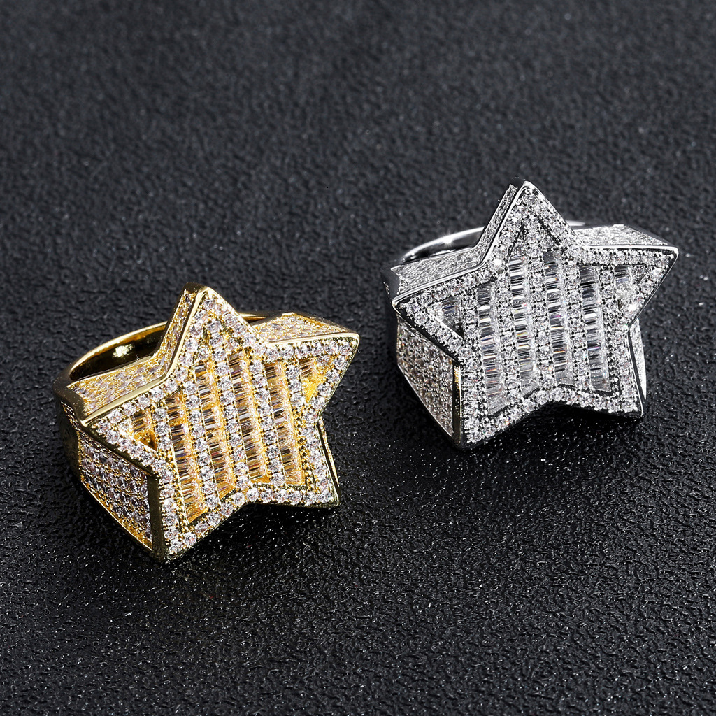 New hip hop ring five pointed star square Moissaniteium round Moissanite micro set mens personalized fashion hip hop ring moissanite