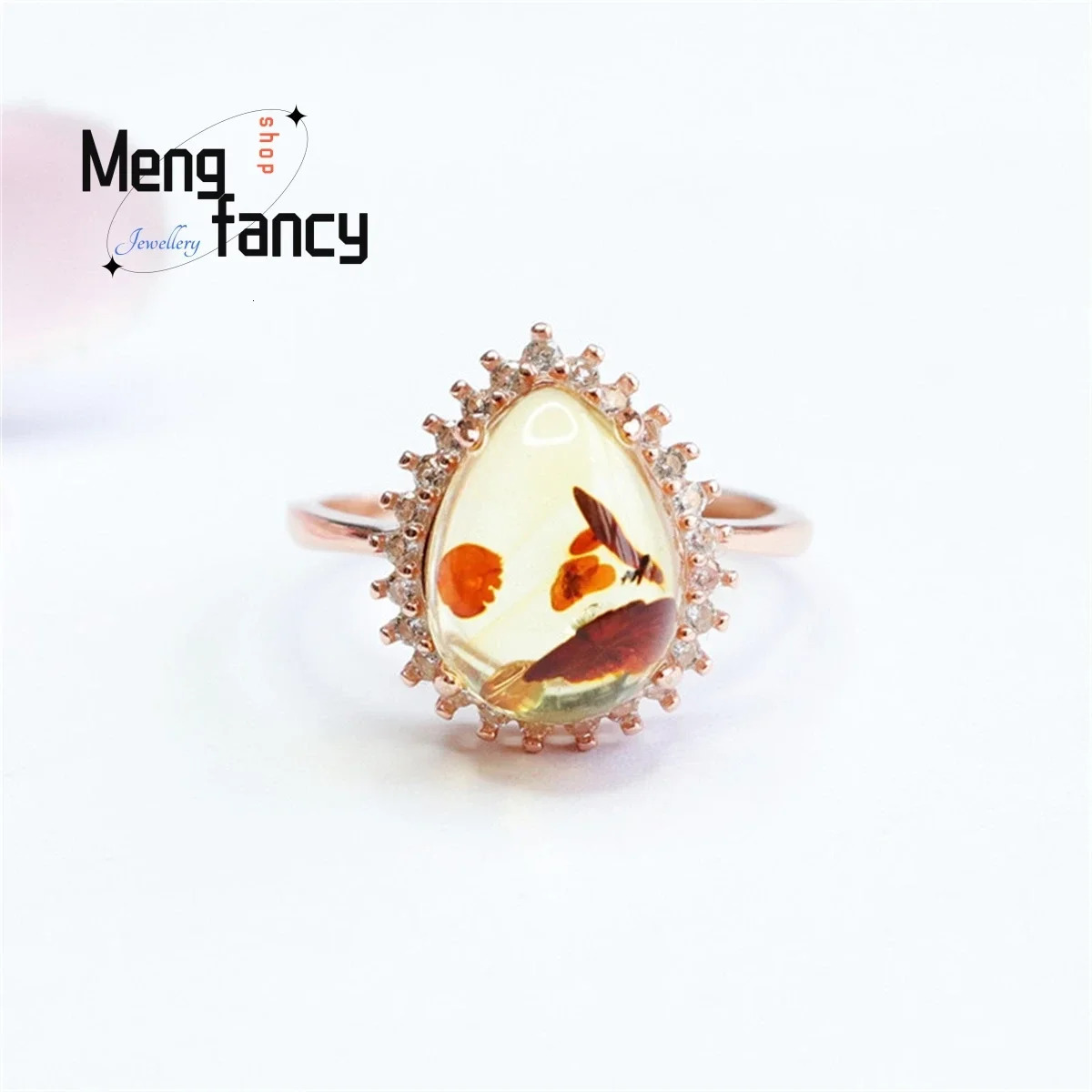 Natural S925 Silver Inlaid With Flower Pearl Amber Water Drop Wrapped Zircon Ring Simple Fashionable Exquisite Couple Fine Gift 250526