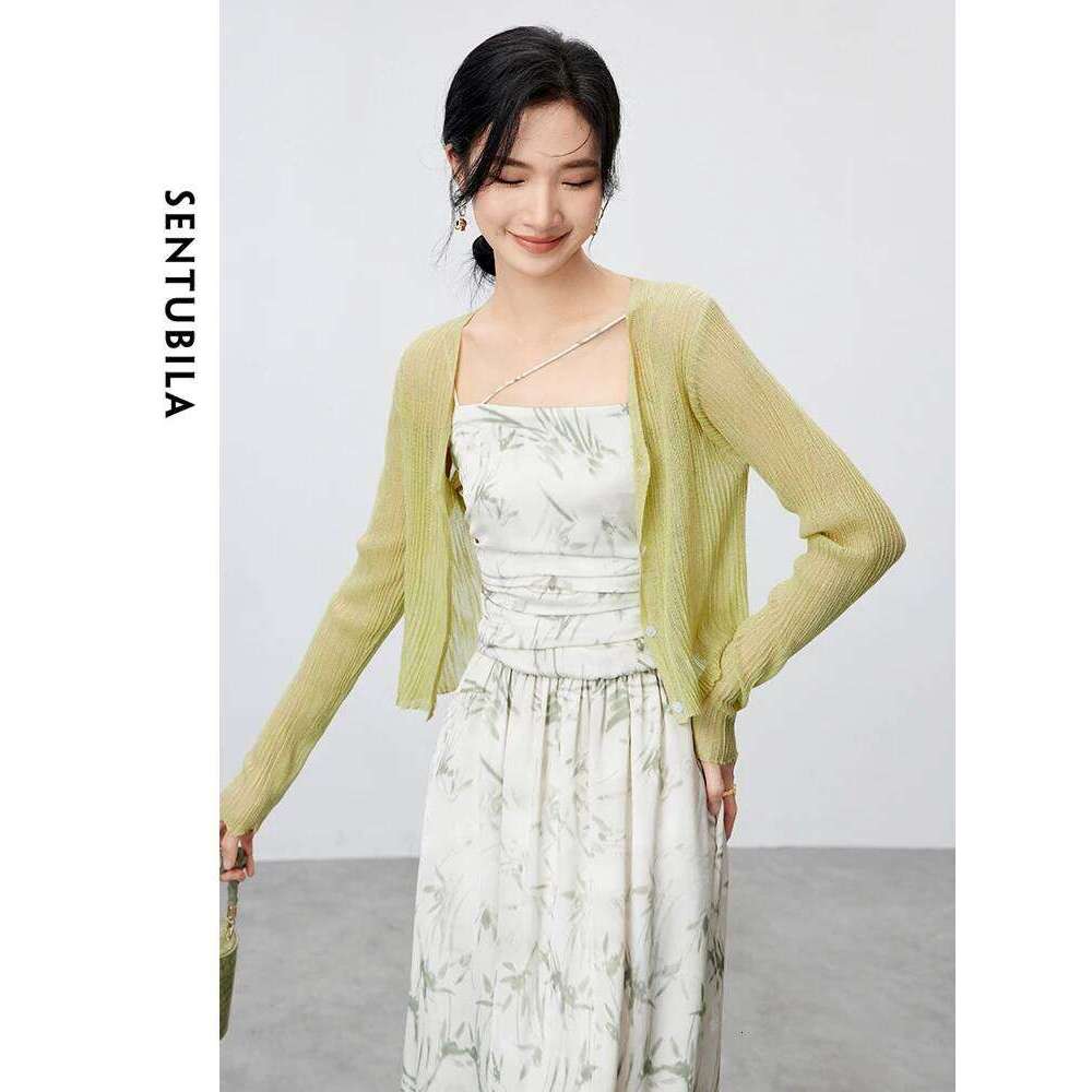SENTUBILA V-Neck Casual Cropped Knitted Cardigan 2024 Summer Straight Single Breasted Solid Long Sleeve Tops Clothing W42h55364