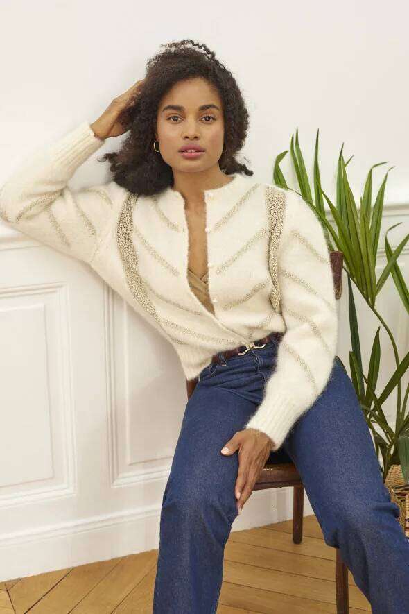 Women 2024 Early Autumn New Mohair Round Neck Single-Breasted Loose Knitted Cardigan