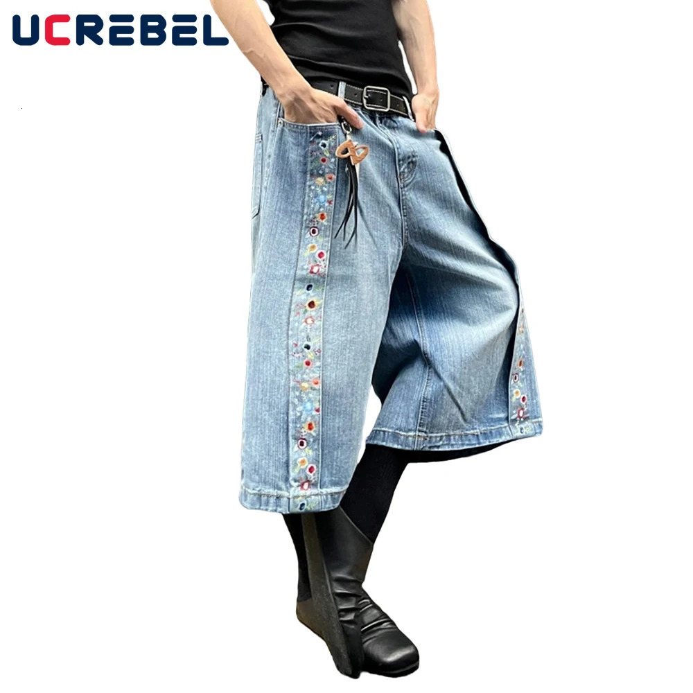 Flower Print Spliced Denim Shorts Mens Retro High Street Washed Distressed Loose Wide Leg Pocket Jeans Cropped Trousers Men 250528