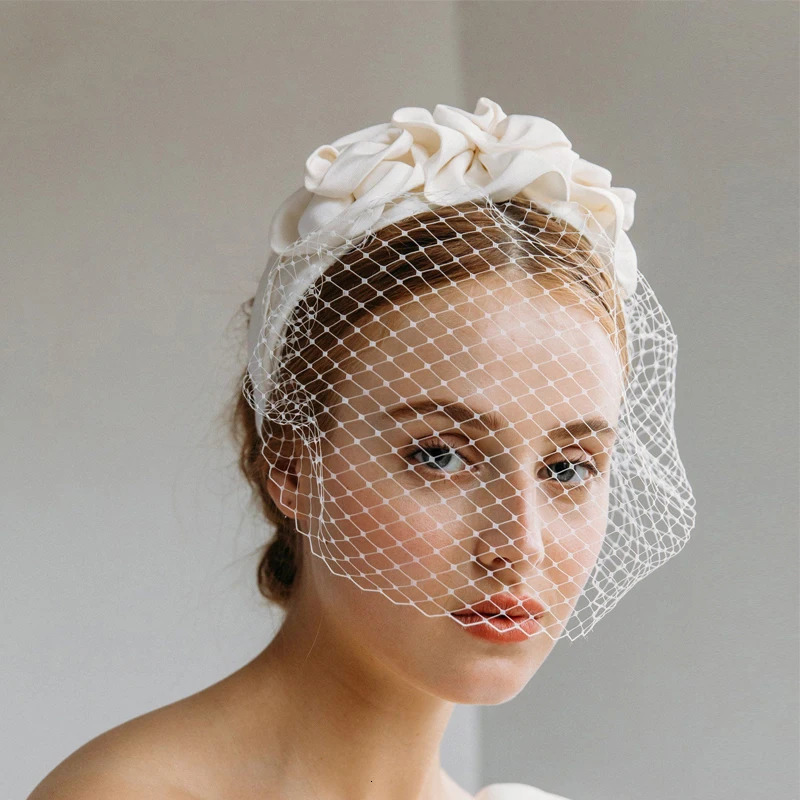 White Birdcage Veil for Bridal White Handmade Flowers Wide Hair Band Headband Veil Vintage Wedding Accessories Fascinators 250530